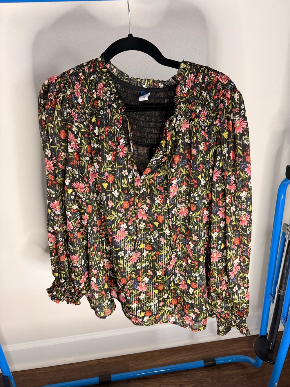 Old Navy Black Floral Smocked V-Neck Blouse with Pink and Green Accents